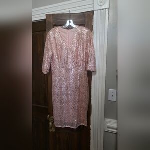 Rose Gold Sequin Midi Dress with V-Neck